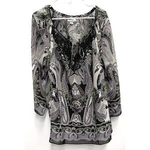 Dressbarn Tunic Top Women 3X Purple Green Paisley Boho Sheer Crochet Bell Sleeve